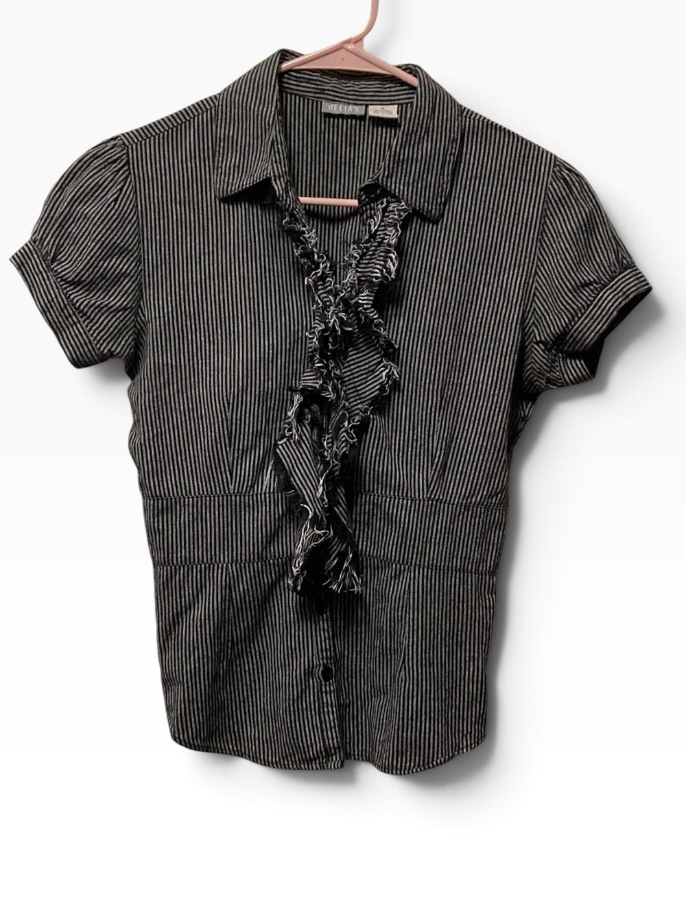 dELiA*s Y2K Vintage Black and White Pinstripe Ruffle-Front Short Sleeve Shirt